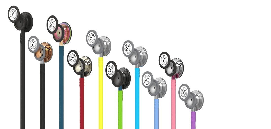A row of Littmann Classic III stethoscopes in different tube colours and chestpiece finishes