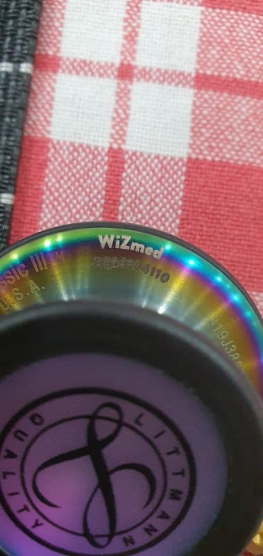 Rainbow-finish Littmann chestpiece with an engraved name on the rim
