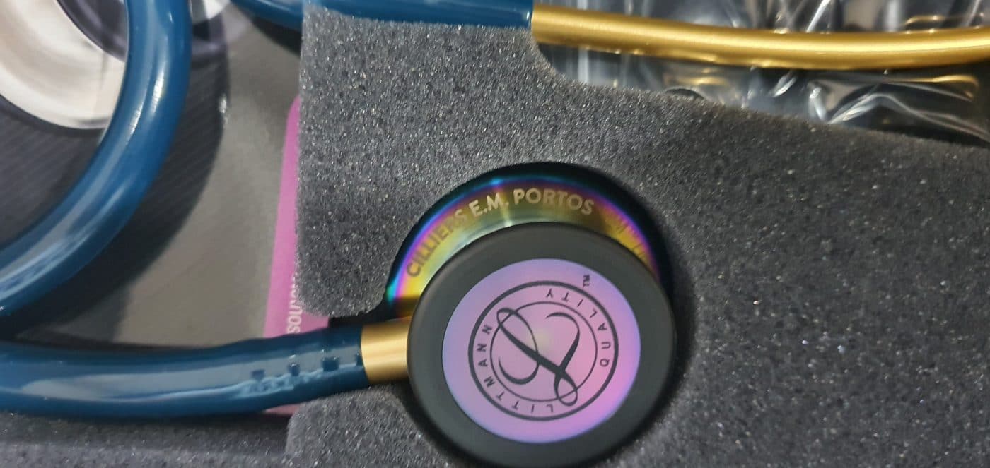 Engraved rainbow-finish Littmann chestpiece in a stethoscope case