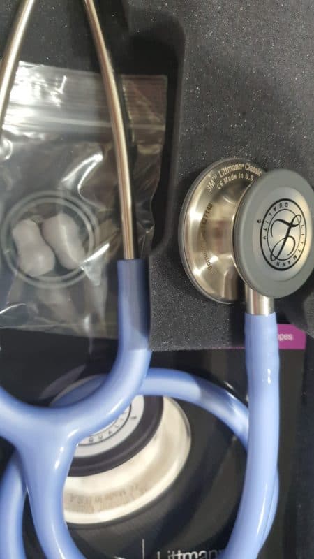 Engraved Littmann Classic III with ceil blue tubing packed in its box