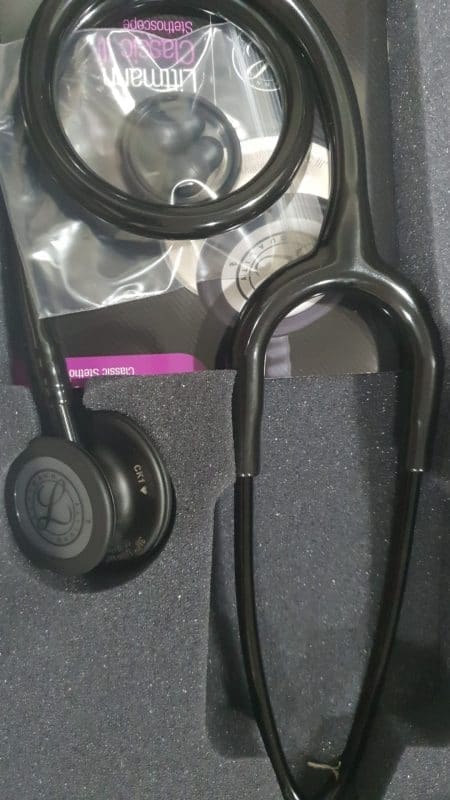 Engraved black-finish Littmann stethoscope packed in its box