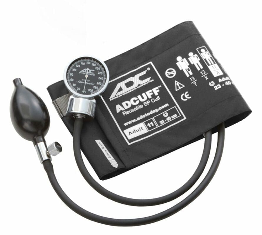 ADC Diagnostix 700 pocket aneroid sphygmomanometer with a black adult cuff and leather pouch