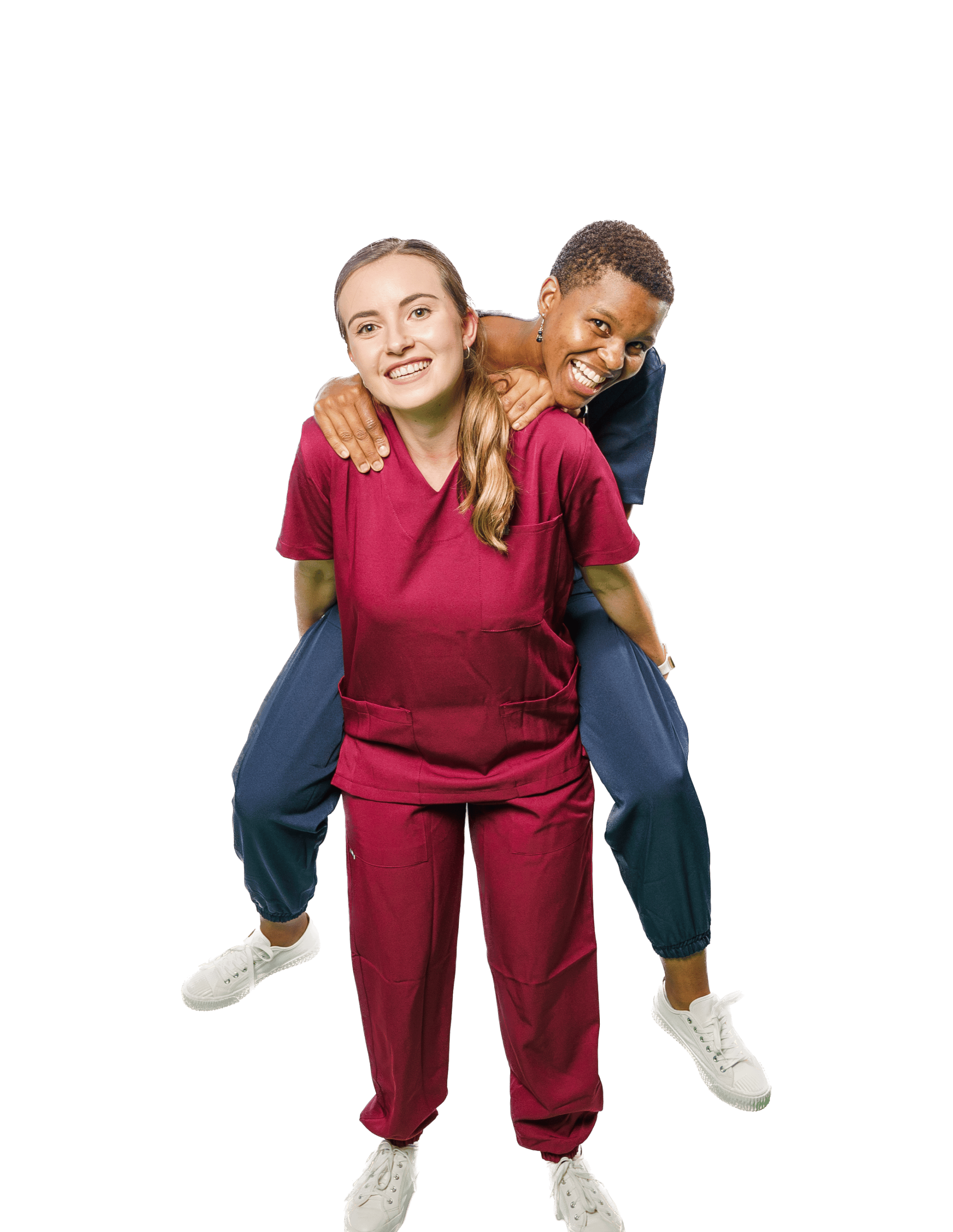 Two students in the original WiZscrubs, one in maroon and one in navy