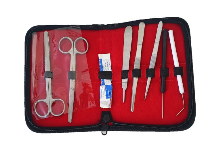 WiZmed Premium Student Dissecting Kit open in its red leatherette case