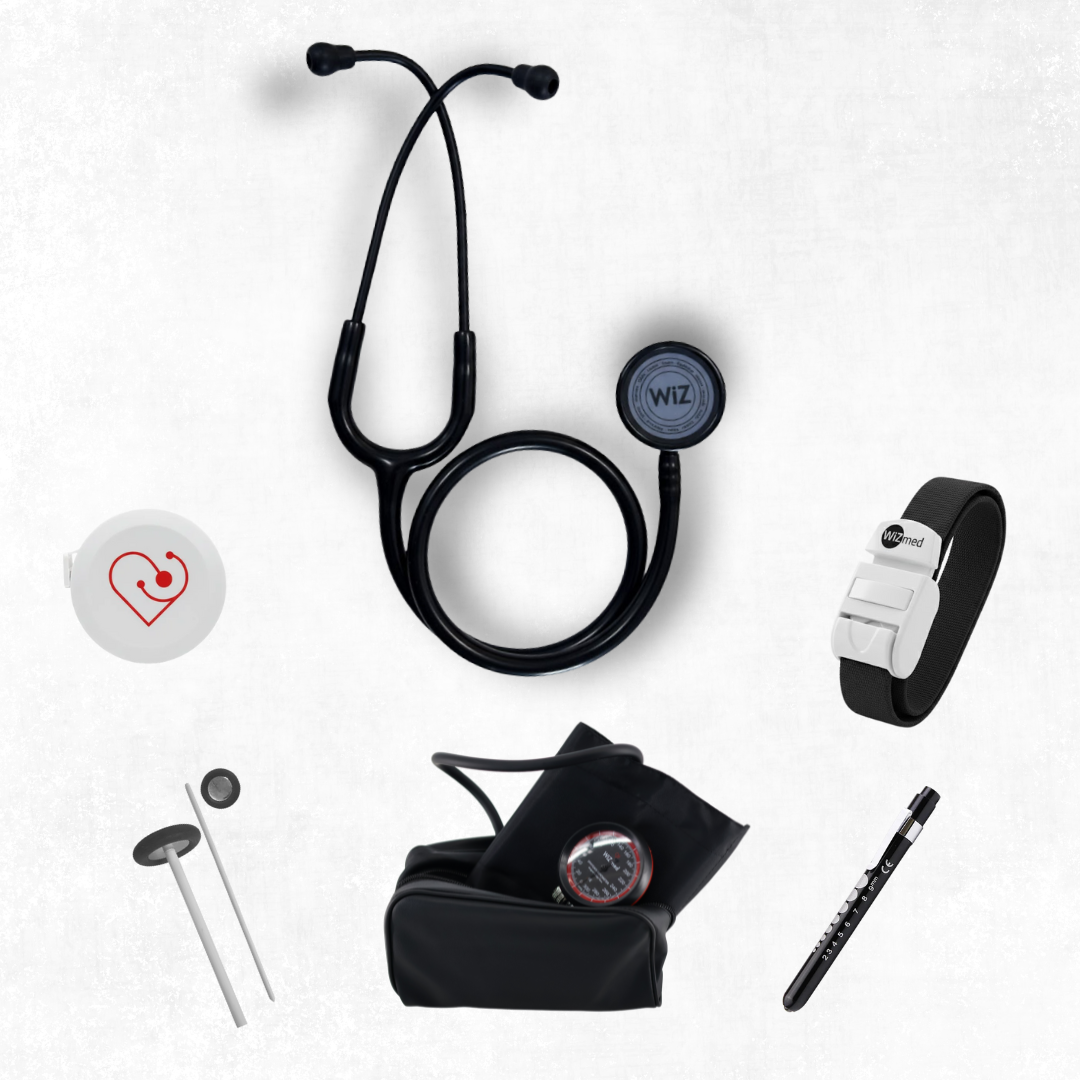 The WiZmed Combo: stethoscope, sphygmomanometer, tourniquet, patella hammer, measuring tape and pupil torch