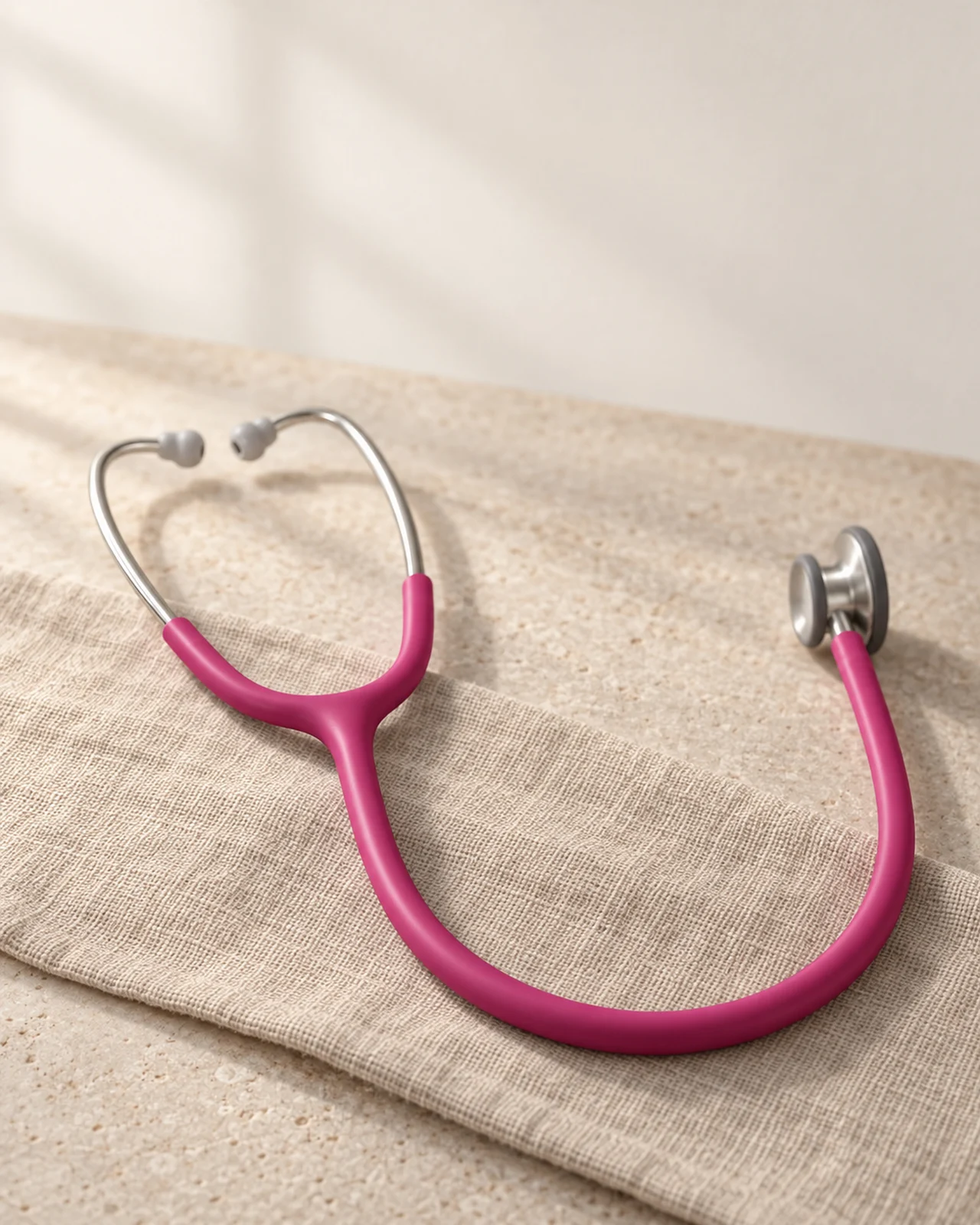 Littmann Classic III with raspberry satin tubing on linen