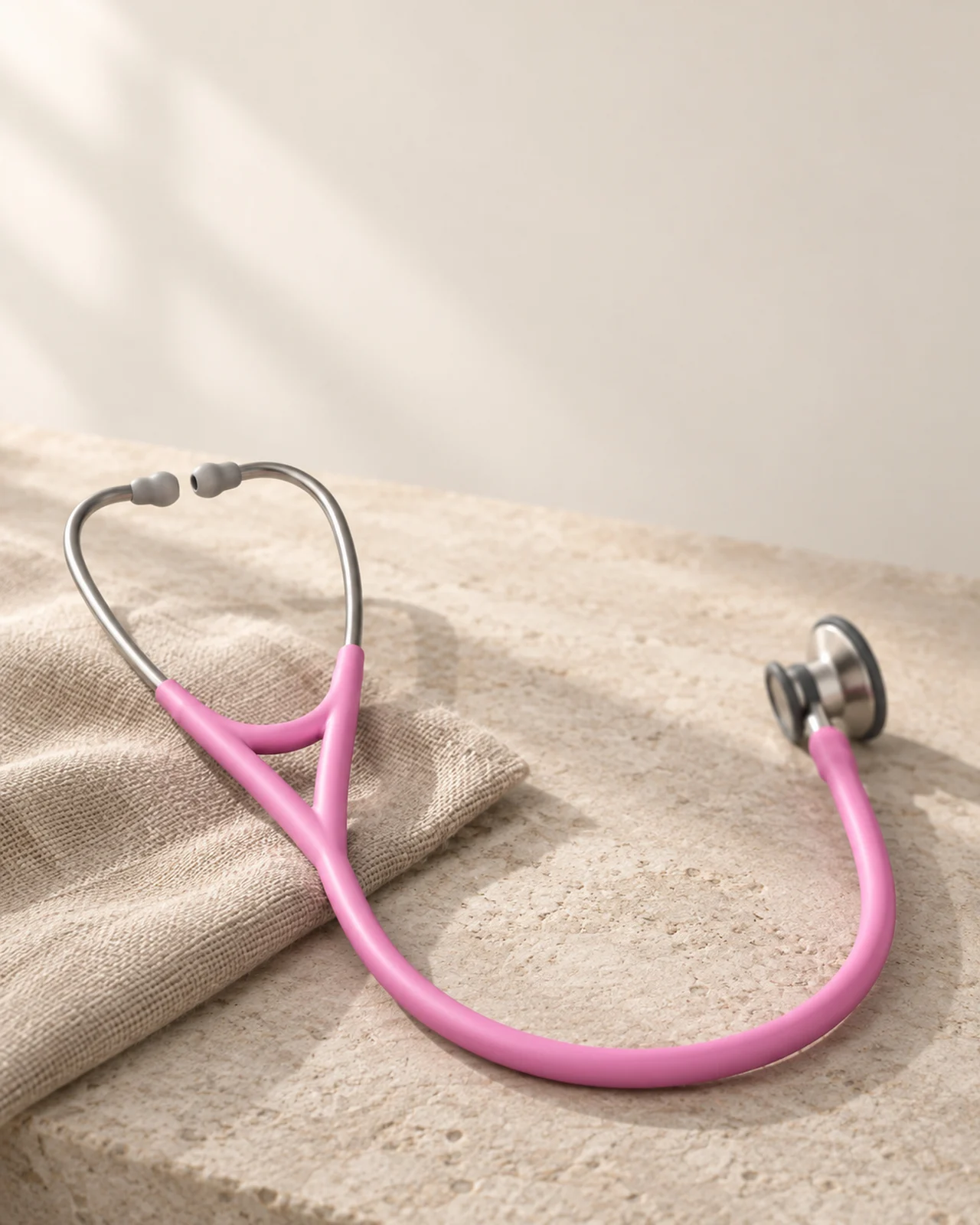 Littmann Cardiology IV with rose pink satin tubing on linen