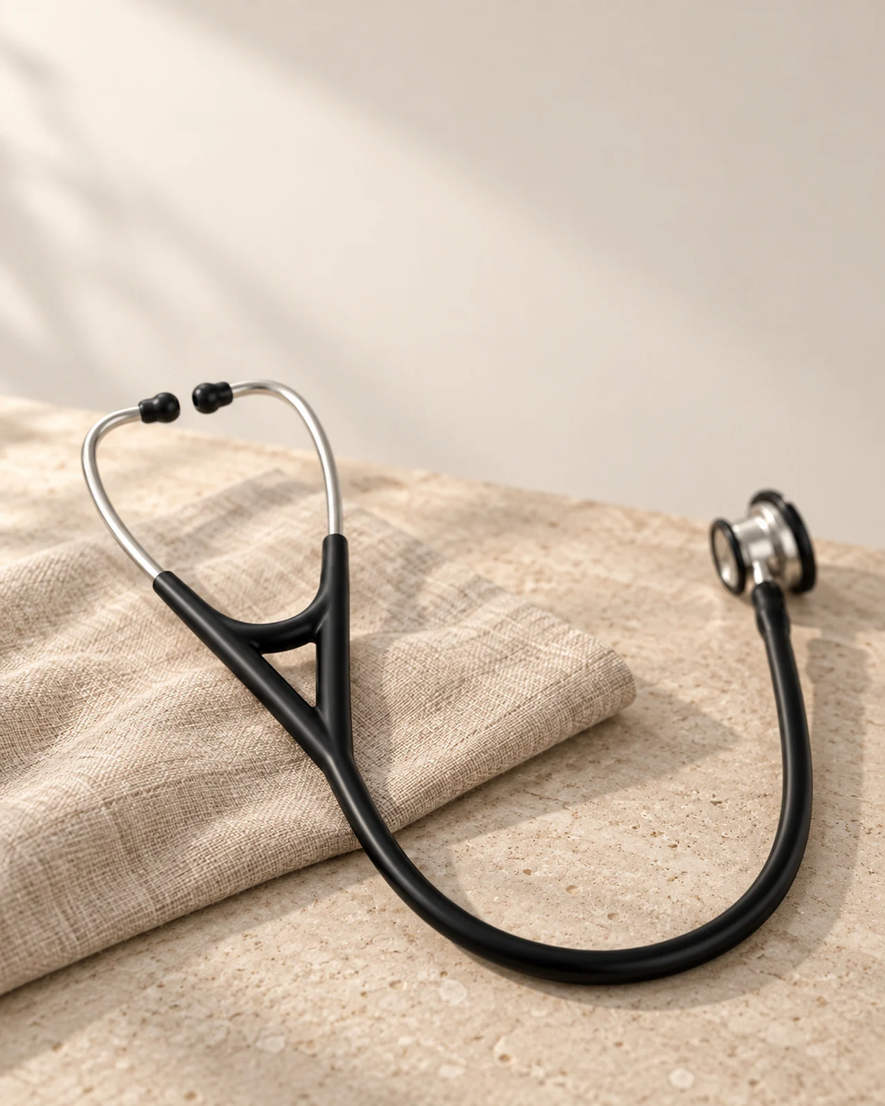 Littmann Cardiology IV with black satin tubing on linen
