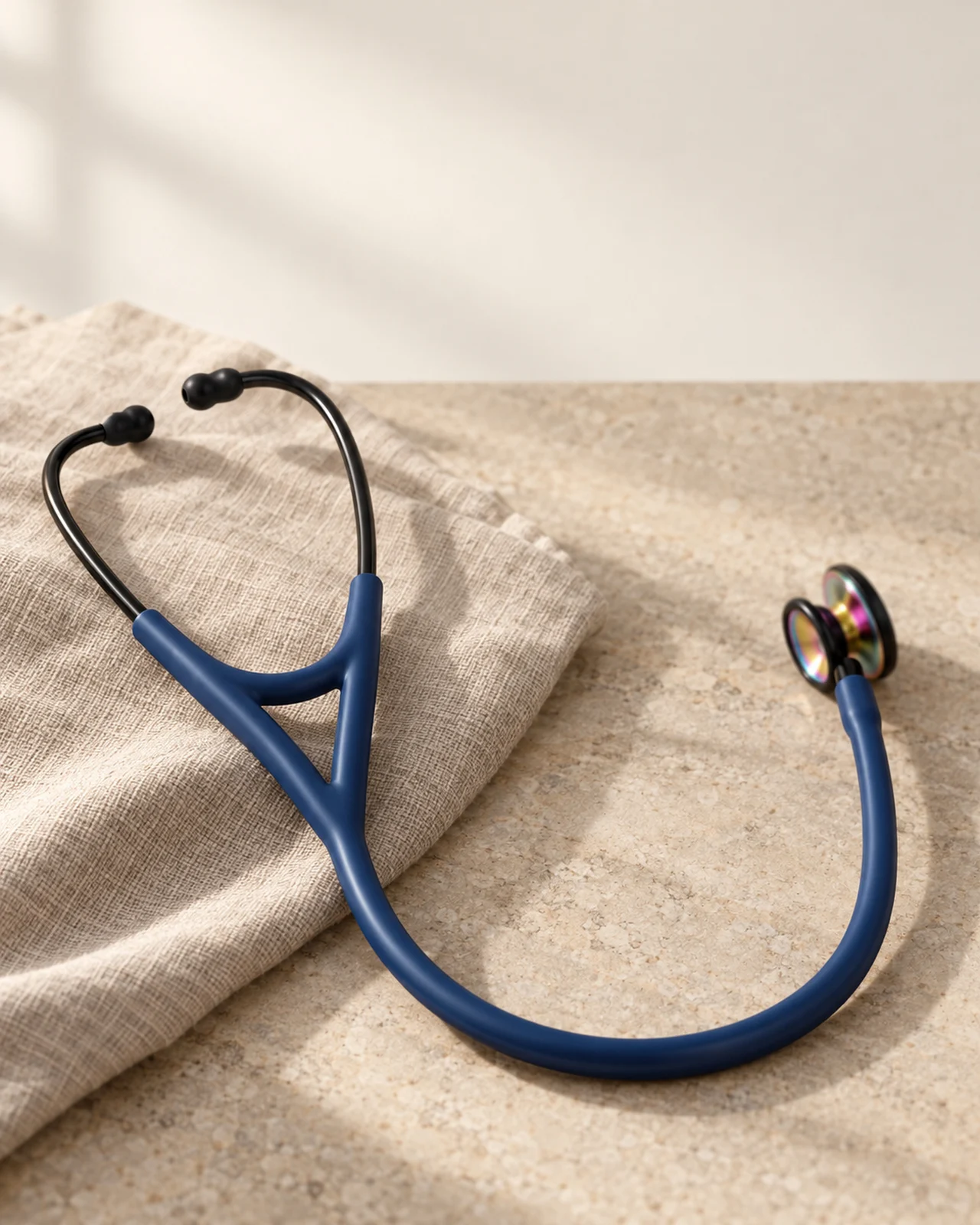 Littmann Cardiology IV with navy blue satin tubing on linen