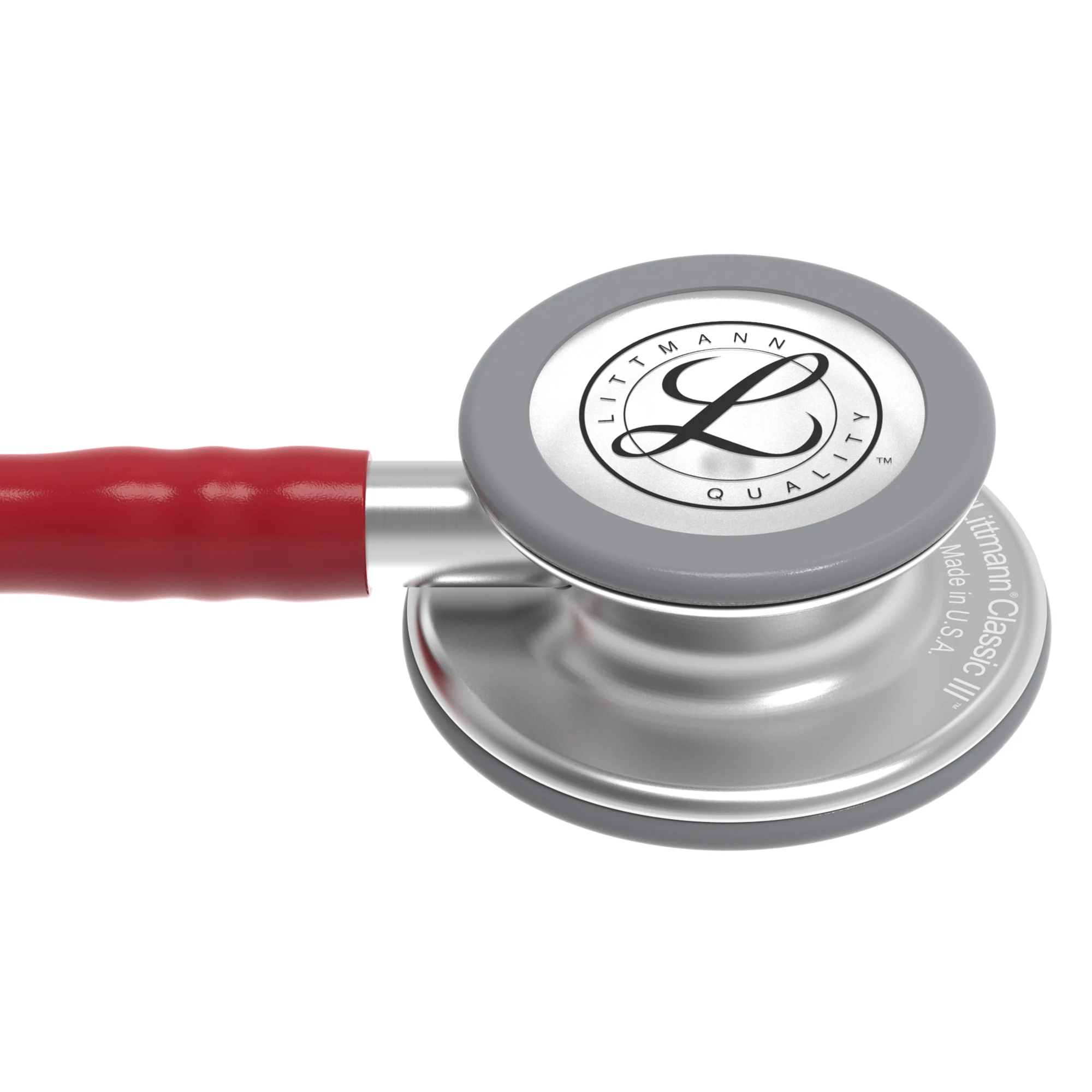 Littmann Classic III chestpiece close-up with a burgundy tube