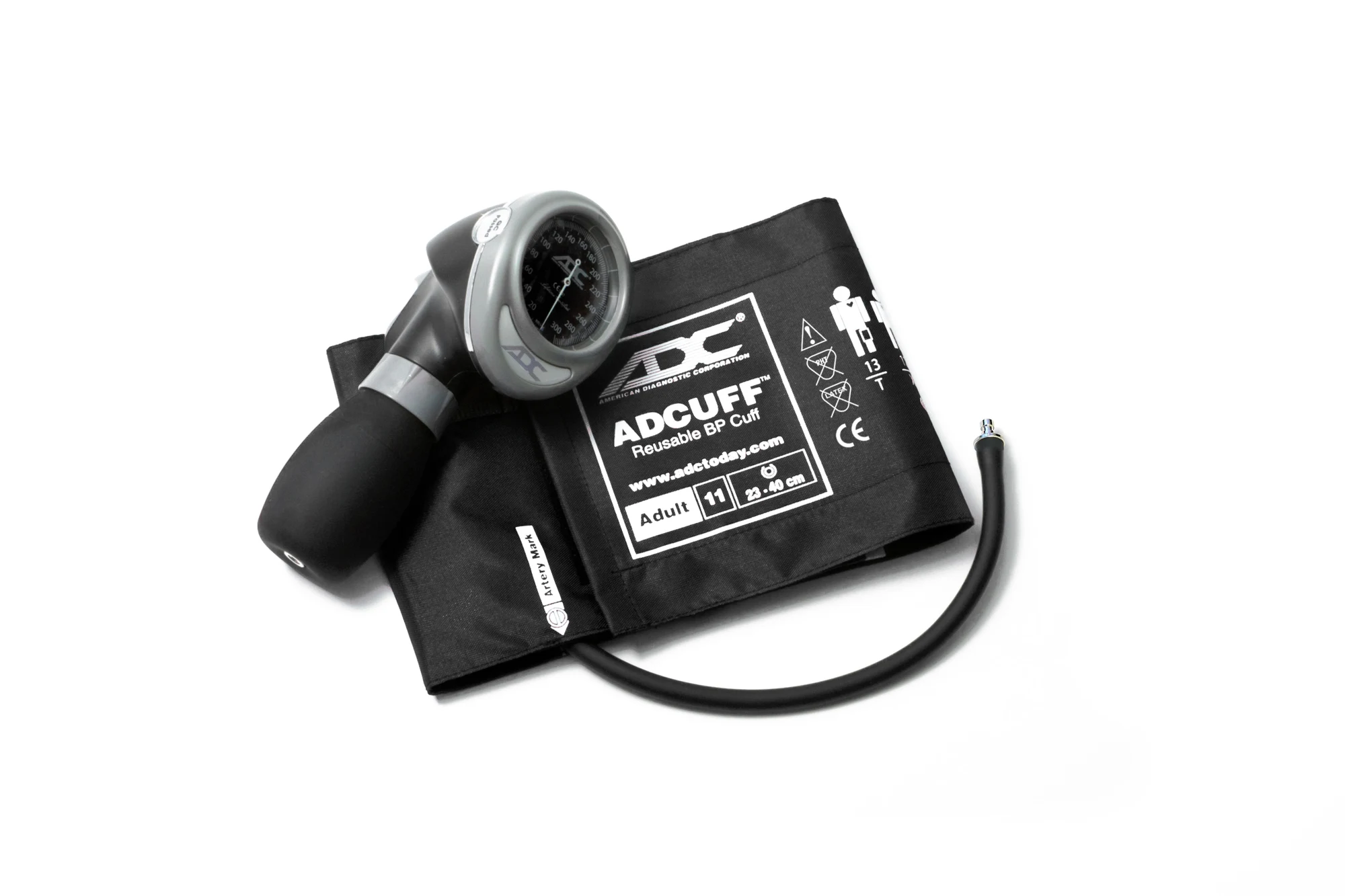 ADC Diagnostix 703 palm aneroid sphygmomanometer with a black adult cuff